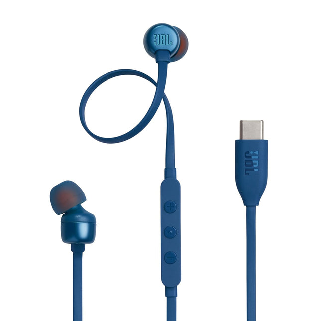 JBL Tune 310 Wired in Ear Type C Headphones, Hi-Res Audio with Digital-to-Analog Converter, 3-Button EQ Preset Remote with Microphone, Tangle-Free Flat Cable, Compatible with USB-C Devices (Blue)