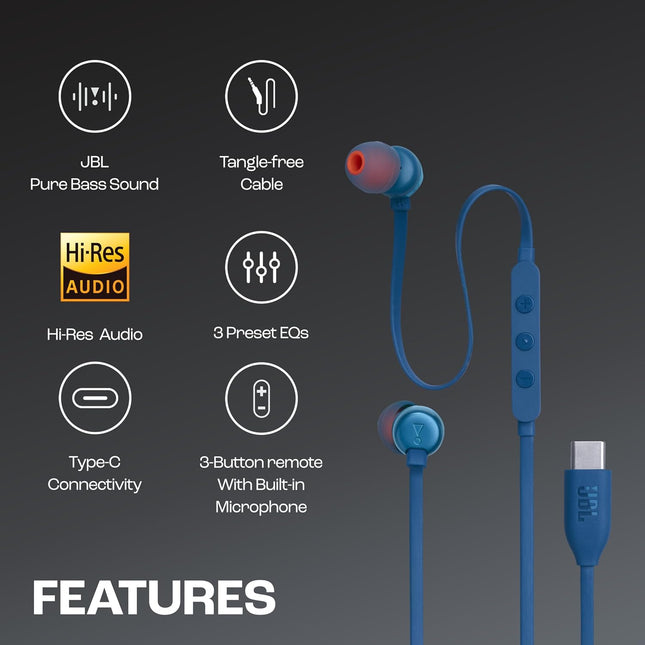 JBL Tune 310 Wired in Ear Type C Headphones, Hi-Res Audio with Digital-to-Analog Converter, 3-Button EQ Preset Remote with Microphone, Tangle-Free Flat Cable, Compatible with USB-C Devices (Blue)