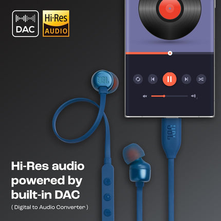 JBL Tune 310 Wired in Ear Type C Headphones, Hi-Res Audio with Digital-to-Analog Converter, 3-Button EQ Preset Remote with Microphone, Tangle-Free Flat Cable, Compatible with USB-C Devices (Blue)