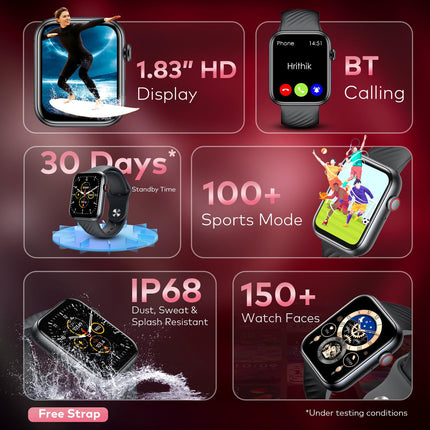 itel ICON-2 Smartwatch with BT Calling, 1.83" HD Display, 550 nits Peak Brightness, Functional Crown, IP68, 150+ Watch Faces, 24Hr Health Monitor and Voice Assistant (Black) - Unboxify