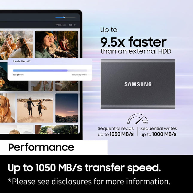 Samsung T7 Portable SSD, 4TB External Solid State Drive, Speeds Up to 1,050MB/s, USB 3.2 Gen 2, Reliable Storage for Gaming, Students, Professionals, MU-PC4T0T/WW, Gray