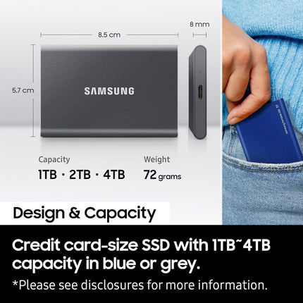 Samsung T7 Portable SSD, 4TB External Solid State Drive, Speeds Up to 1,050MB/s, USB 3.2 Gen 2, Reliable Storage for Gaming, Students, Professionals, MU-PC4T0T/WW, Gray