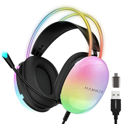 HAMMER Blaze Wired Over Ear Gaming Headphones with Mic, 50mm Drivers, Full RGB Lights, Gaming Headset with Adjustable Bands, Breathable earcushion, 1.5Mtr Wire with USB (Black) - Unboxify