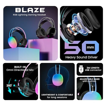 HAMMER Blaze Wired Over Ear Gaming Headphones with Mic, 50mm Drivers, Full RGB Lights, Gaming Headset with Adjustable Bands, Breathable earcushion, 1.5Mtr Wire with USB (Black) - Unboxify