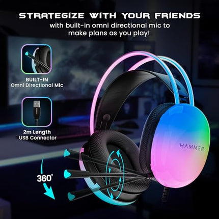 HAMMER Blaze Wired Over Ear Gaming Headphones with Mic, 50mm Drivers, Full RGB Lights, Gaming Headset with Adjustable Bands, Breathable earcushion, 1.5Mtr Wire with USB (Black) - Unboxify