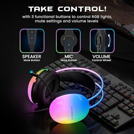 HAMMER Blaze Wired Over Ear Gaming Headphones with Mic, 50mm Drivers, Full RGB Lights, Gaming Headset with Adjustable Bands, Breathable earcushion, 1.5Mtr Wire with USB (Black) - Unboxify