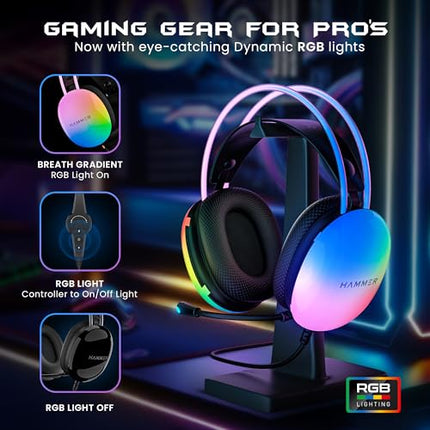 HAMMER Blaze Wired Over Ear Gaming Headphones with Mic, 50mm Drivers, Full RGB Lights, Gaming Headset with Adjustable Bands, Breathable earcushion, 1.5Mtr Wire with USB (Black) - Unboxify