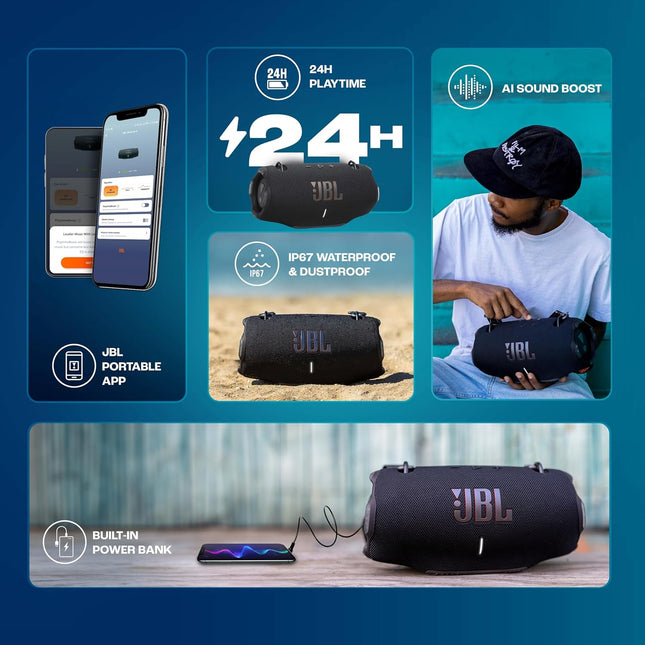 JBL Xtreme 4 Portable Bluetooth Speaker, ProSound with Powerful Bass Radiators, AI Sound Boost, Built-in Powerbank, Multispeaker Connection by Auracast, IP67, Replacable Battery, Fast Charging (Black)
