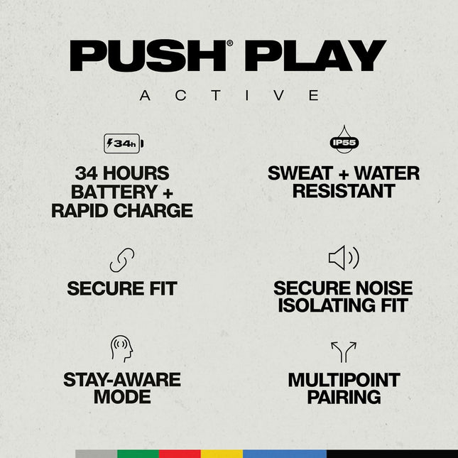 Skullcandy Push Play Active Wireless Earbuds with Mic - 34Hr Battery, Skull-iQ App, Alexa Voice Control, IP55 Sweat Water Dust Resistant, Stay-Aware Mode, Secure Fit - Unboxify