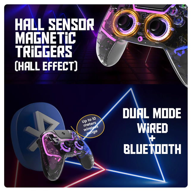 Cosmic Byte Quantum Gamepad Dual Model Bluetooth+ Wired for PS4, PC, iOS, Android, Nintendo Switch, Hall Effect Triggers and Joystick, Touchpad, Speaker, 1000mAH Battery (Transparent Black) - Unboxify