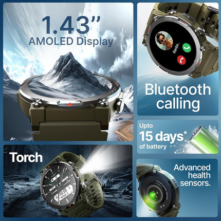 CrossBeats Everest 2.0 Smart watch for Men 1.43" True AMOLED, Always ON Display Bluetooth Calling Rugged Outdoor with Flash Light Upto 15 Days Battery Life Smartwatch 100+ sports mode (Military Green) - Unboxify