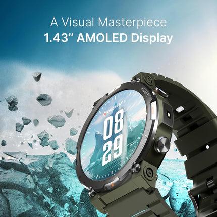 CrossBeats Everest 2.0 Smart watch for Men 1.43" True AMOLED, Always ON Display Bluetooth Calling Rugged Outdoor with Flash Light Upto 15 Days Battery Life Smartwatch 100+ sports mode (Military Green) - Unboxify