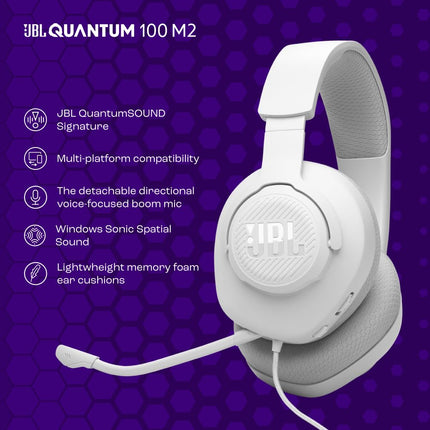JBL Quantum 100M2 Wired Gaming Headphones, Supports Windows sonic spatial audio, 40mm Realistic Dynamic Drivers, Omnidirectional Detachable Mic, Breathable Memory Foam cushions, PC/Xbox/PS/3.5mm-White