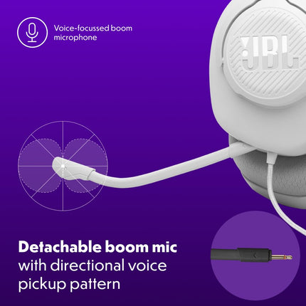 JBL Quantum 100M2 Wired Gaming Headphones, Supports Windows sonic spatial audio, 40mm Realistic Dynamic Drivers, Omnidirectional Detachable Mic, Breathable Memory Foam cushions, PC/Xbox/PS/3.5mm-White