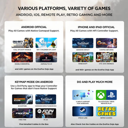 EvoFox Deck Smartphone Gamepad with iPhone/Android, XBOX, HID & Keymap mode for Android | Bluetooth v5.0 | Dual Vibration motors | Magnetic Hall 3D Joysticks | RGB Lighting and Backlit Controls