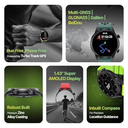 CULT Sprint Running smartwatch with Built-in Turbo Track GPS, Multi-GNSS, GLONASS, Galileo & Beidou, 1.43” AMOLED Display, Compass, Strava, Health Tracking, Bluetooth Calling - Unboxify