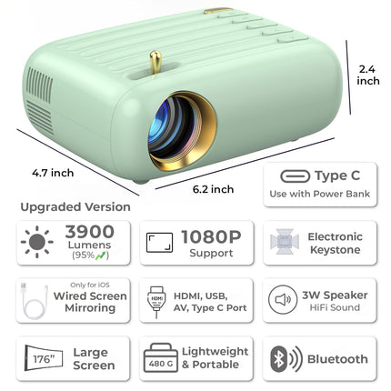 WZATCO Pixel Plus | Portable LED Projector | Native 720p Full HD 1080P Support | Electronic Keystone | Power via Powerbank | 3900 Lumens | 176" Max Screen | Home & Outdoor Cinema | Bluetooth | Green - Unboxify