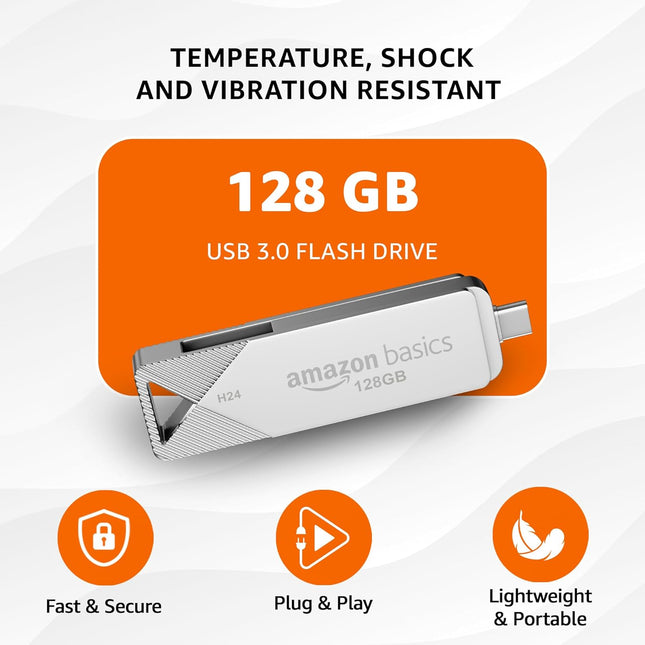 Amazon Basics 128GB USB 3.0 Flash Drive | 80+ Mbps Read Speed | Dual Interface Type-C & USB | High-Speed Data Transfer (Metal) - Unboxify