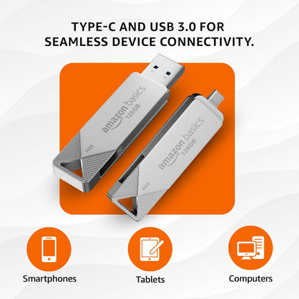 Amazon Basics 128GB USB 3.0 Flash Drive | 80+ Mbps Read Speed | Dual Interface Type-C & USB | High-Speed Data Transfer (Metal) - Unboxify