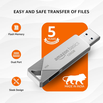 Amazon Basics 128GB USB 3.0 Flash Drive | 80+ Mbps Read Speed | Dual Interface Type-C & USB | High-Speed Data Transfer (Metal) - Unboxify