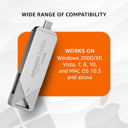 Amazon Basics 128GB USB 3.0 Flash Drive | 80+ Mbps Read Speed | Dual Interface Type-C & USB | High-Speed Data Transfer (Metal) - Unboxify