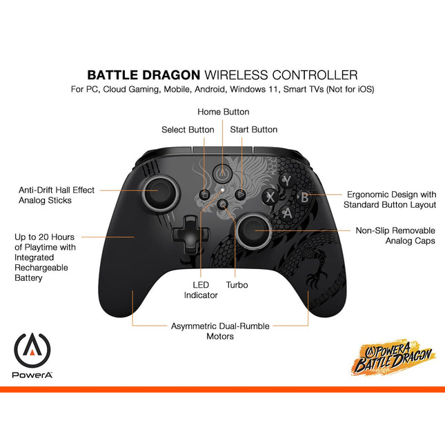 PowerA Battle Dragon™ Advanced Wireless Controller for PC & Cloud Gaming: Magnetic Hall Effect, Asymmetric Rumble Motors, 30h Playtime (Not for iOS)