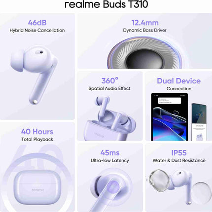 realme Buds T310 True Wireless in-Ear Earbuds with 46dB Hybrid ANC, 360° Spatial Audio, 12.4mm Dynamic Bass Driver, Upto 40Hrs Battery and Fast Charging (Monet Purple) - Unboxify