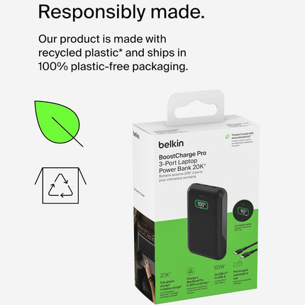 Belkin Power Bank 65W 20000 mAh | Mobile & Laptop Power Bank | 2 USB-C PD Port | Compatible for Lenovo,HP,Dell,Microsoft,MacBook,iPhone 17,iPad,Samsung Galaxy S25,Google Pixel 10 | 2 Years Warranty