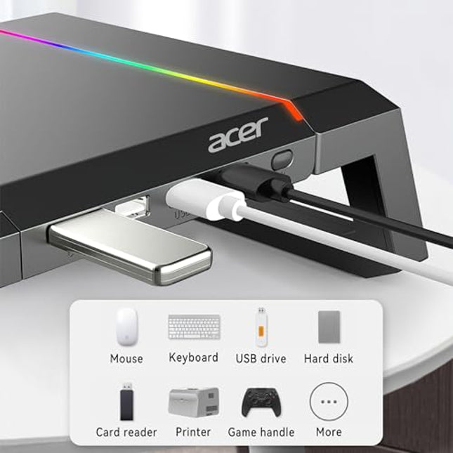 acer Ergo Multifunction Monitor & Laptop Stand Featuring RGB Lighting and a 4-Port USB Hub with Aluminum Multi Keyboard Storage Space Bar, Suitable for Both Office and Home Environments (Black) - Unboxify