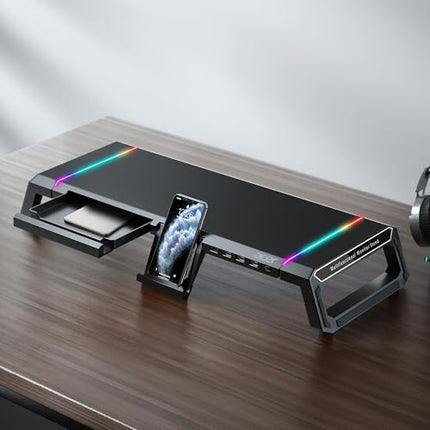 acer Ergo Multifunction Monitor & Laptop Stand Featuring RGB Lighting and a 4-Port USB Hub with Aluminum Multi Keyboard Storage Space Bar, Suitable for Both Office and Home Environments (Black) - Unboxify
