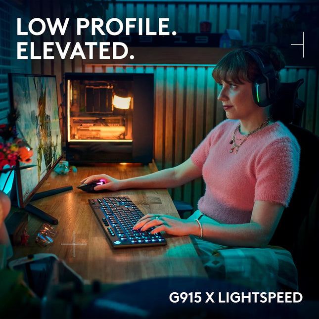 Logitech G915 X LIGHTSPEED Low-Profile Wireless Gaming Keyboard, Double-Shot PBT Keycaps, Fully Programmable Keys, RGB Backlighting, Sleek Aluminum Finishing, GL Brown Tactile Switches - PC/Mac- Black