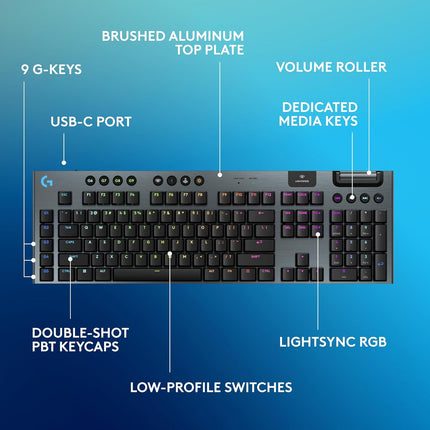 Logitech G915 X LIGHTSPEED Low-Profile Wireless Gaming Keyboard, Double-Shot PBT Keycaps, Fully Programmable Keys, RGB Backlighting, Sleek Aluminum Finishing, GL Brown Tactile Switches - PC/Mac- Black