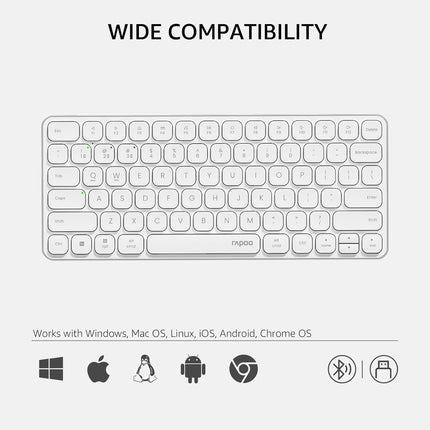 RAPOO E9050L Bluetooth Wireless Multi-Device Keyboard(4 Devices), Rechargeable, Led Indicators, Ultra-Thin, Ergonomic, Compatible with Windows, iOS, Android, Tab, Smartphones -White, 3-Year Warranty - Unboxify