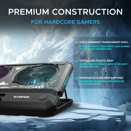 EvoFox Blizzard RGB Cooling Pad for Gaming Laptop with Transparent Upper Surface, 2 Large Fans, 8 Adjustable Angles, Edge RGB Lighting, Additional USB Port for Laptops up to 43.18 cm (17 inches)