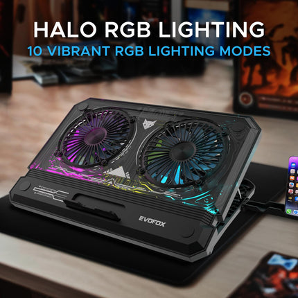 EvoFox Blizzard RGB Cooling Pad for Gaming Laptop with Transparent Upper Surface, 2 Large Fans, 8 Adjustable Angles, Edge RGB Lighting, Additional USB Port for Laptops up to 43.18 cm (17 inches)