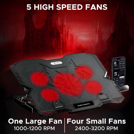 Ant Esports NC190 Laptop Cooling Pad Laptop Cooler with Mobile Holder 1 * 1 125mm and 4 * 1 60mm Quite Red Fans LED Display Laptop Holder 5 Height Adjustable Angle 2USB Ports for Laptop up to 15.6”