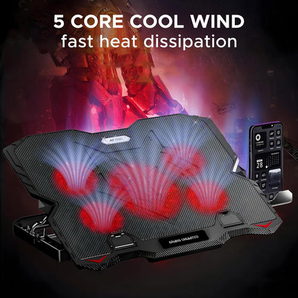 Ant Esports NC190 Laptop Cooling Pad Laptop Cooler with Mobile Holder 1 * 1 125mm and 4 * 1 60mm Quite Red Fans LED Display Laptop Holder 5 Height Adjustable Angle 2USB Ports for Laptop up to 15.6”