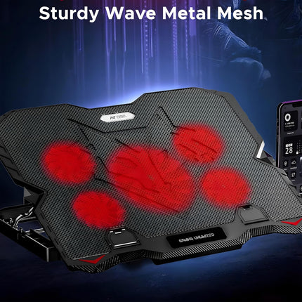 Ant Esports NC190 Laptop Cooling Pad Laptop Cooler with Mobile Holder 1 * 1 125mm and 4 * 1 60mm Quite Red Fans LED Display Laptop Holder 5 Height Adjustable Angle 2USB Ports for Laptop up to 15.6”
