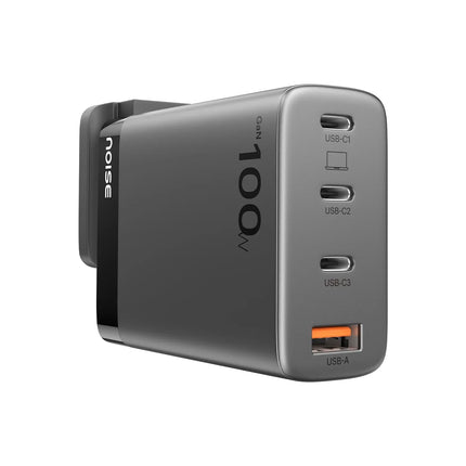 Noise Power Series 100W GaN Charger: Fast Charging Adapter, 4 Ports (3 USB-C + 1 USB-A), Globally Compatible, iPhone 0 to 50% in 27mins, Supports All iPhones, Android Phones, Laptops, Macbooks (Black) - Unboxify