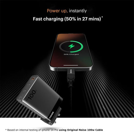 Noise Power Series 100W GaN Charger: Fast Charging Adapter, 4 Ports (3 USB-C + 1 USB-A), Globally Compatible, iPhone 0 to 50% in 27mins, Supports All iPhones, Android Phones, Laptops, Macbooks (Black) - Unboxify