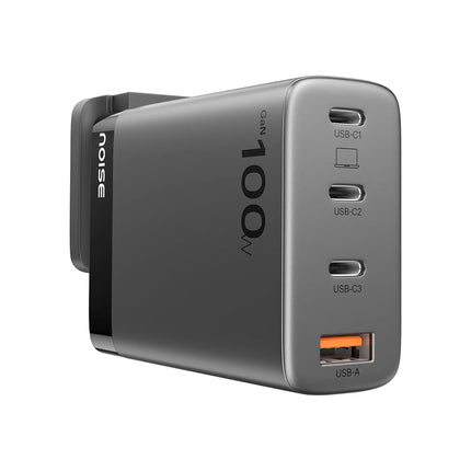 Noise Power Series 100W GaN Charger: Fast Charging Adapter, 4 Ports (3 USB-C + 1 USB-A), Globally Compatible, iPhone 0 to 50% in 27mins, Supports All iPhones, Android Phones, Laptops, Macbooks (Black) - Unboxify