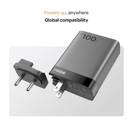 Noise Power Series 100W GaN Charger: Fast Charging Adapter, 4 Ports (3 USB-C + 1 USB-A), Globally Compatible, iPhone 0 to 50% in 27mins, Supports All iPhones, Android Phones, Laptops, Macbooks (Black) - Unboxify