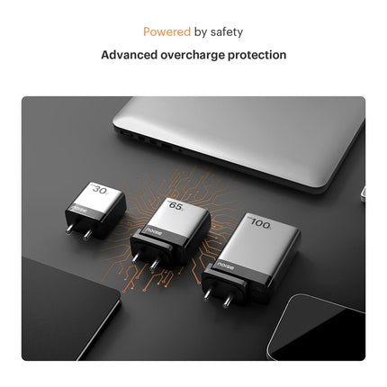 Noise Power Series 100W GaN Charger: Fast Charging Adapter, 4 Ports (3 USB-C + 1 USB-A), Globally Compatible, iPhone 0 to 50% in 27mins, Supports All iPhones, Android Phones, Laptops, Macbooks (Black) - Unboxify