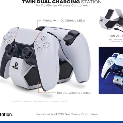 PowerA Twin Charging Station For PS5 Dualsense & Dualsense Edge Wireless Controllers,AC Adaptor Included,With LED Indicator,Vertical Dual Controller Fast Charging Dock (Officially Licensed),White