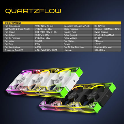 Ant Esports QuartzFlow 3-In-1 120mm ARGB Stackable Case Fan Kit with Forward/Reverse Switch and Wire Free Daisy Chain - Black - Unboxify