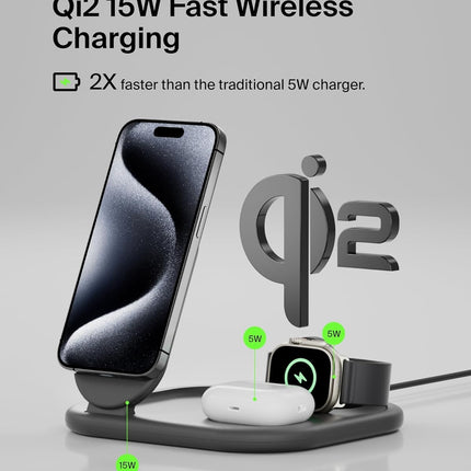 Belkin MagSafe Qi2 Wireless Charger | 3-in-1 Magnetic Foldable Charger with 15W | Fast Charger for iPhone 16, 15, Apple Watch, AirPods with Non-Slip Base | PSU Included | 36W Charger Included - Unboxify