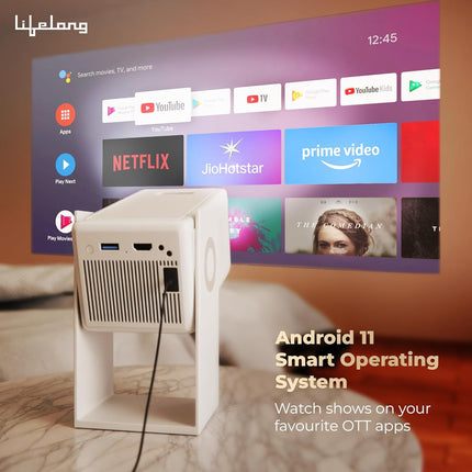 Lifelong Electronics Lightbeam 2 Pro Smart Projector | Android, 1080P HD Native & 4K Ultra HD Support, 4000 Lumens | for Room & Outdoors | All OTT Apps | WiFi/BT, Mirroring, USB, HDMI, 180°, Speakers