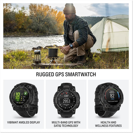 Garmin Instinct® 3, AMOLED Display, Rugged Outdoor GPS Smartwatch, Metal-Reinforced Bezel, Built-in Flashlight, Up to 18 Days of Battery Life, Black