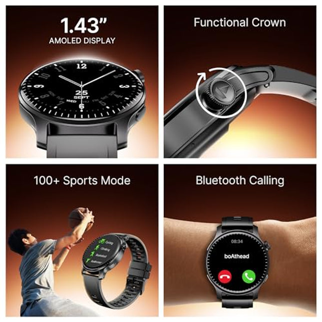 Boat Ultima Prime smartwatch with 1.43” AMOLED Display, AOD, Personalized Fitness Nudges, Functional Crown,100+ Sports Modes, Create Your Own Watchface, smartwatch for Man and Woman (Onyx Black) - Unboxify