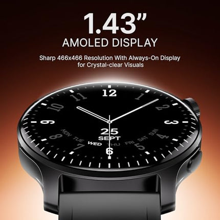 Boat Ultima Prime smartwatch with 1.43” AMOLED Display, AOD, Personalized Fitness Nudges, Functional Crown,100+ Sports Modes, Create Your Own Watchface, smartwatch for Man and Woman (Onyx Black) - Unboxify